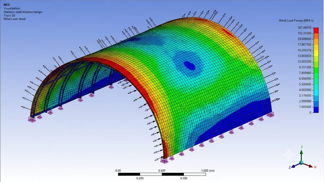 Wind study of a stainless-steel hangar (representative)