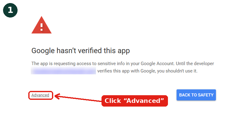Step 1: click Advanced on the Google warning